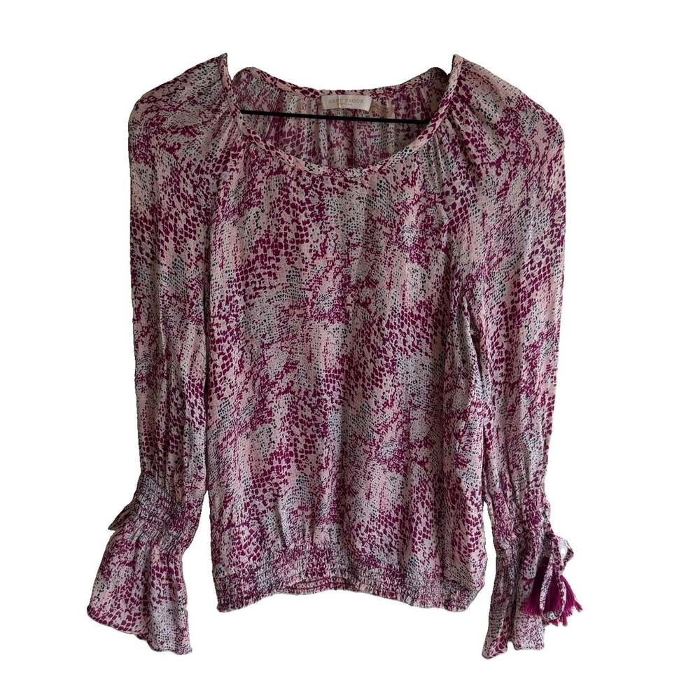 Ramy Brook 100% Silk Blouse Pink Magenta Abstract Print Smocked Tassel Cuffs XS
